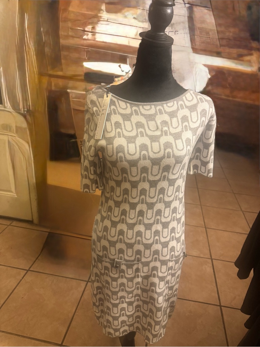 Nicole Miller Gray Geo Knit Midi Dress